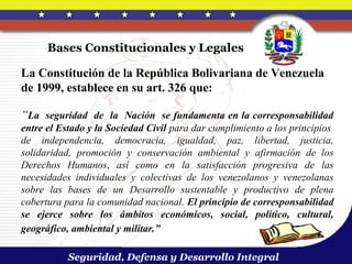 Bases Constitucionales y Legales

La Constitución de la República Bolivariana de Venezuela
de 1999, establece en su art. 326 que:

“La seguridad de la Nación se fundamenta en la corresponsabilidad
entre el Estado y la Sociedad Civil para dar cumplimiento a los principios
de independencia, democracia, igualdad, paz, libertad, justicia,
solidaridad, promoción y conservación ambiental y afirmación de los
Derechos Humanos, así como en la satisfacción progresiva de las
necesidades individuales y colectivas de los venezolanos y venezolanas
sobre las bases de un Desarrollo sustentable y productivo de plena
cobertura para la comunidad nacional. El principio de corresponsabilidad
se ejerce sobre los ámbitos económicos, social, político, cultural,
geográfico, ambiental y militar.”

           Seguridad, Defensa y Desarrollo Integral
 