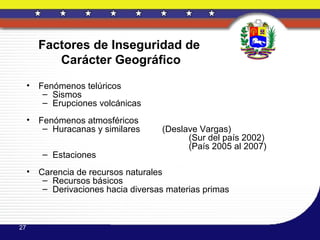 Factores de Inseguridad de
            Carácter Geográfico
     •   Fenómenos telúricos
          – Sismos
          – Erupciones volcánicas
     •   Fenómenos atmosféricos
          – Huracanas y similares     (Deslave Vargas)
                                            (Sur del país 2002)
                                            (País 2005 al 2007)
         – Estaciones
     •   Carencia de recursos naturales
          – Recursos básicos
          – Derivaciones hacia diversas materias primas



27
 