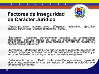 Factores de Inseguridad
 de Carácter Jurídico
 •Desorganización administrativa. (Órganos legislativo,          ejecutivo,
 judicial. Burocracia –exceso de trámites–ilícitos).


 •Subversión. Acciones generalmente basadas en concepciones
 ideológicas, con las cuales se trata de desestabilizar el sistema
 jurídico-administrativo vigente, para sustituirlo por otro de estructura y
 procedimientos diferentes.

 •Terrorismo. Modalidad de lucha que se realiza mediante acciones de
 partidos, grupos o personas que utilizan básicamente a la violencia y el
 terror como medio para el logro de sus propósitos u objetivos.

 •Delincuencia común. Delito es la violación o infracción grave de
 alguna ley, mediante la cual se lesiona el orden establecido o el
 derecho de los demás.
29
 