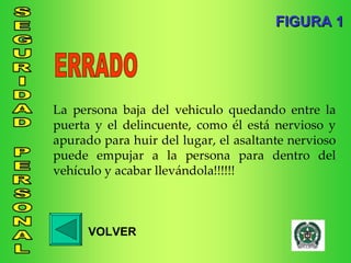 La persona baja del vehiculo quedando entre la puerta y el delincuente, como él está nervioso y apurado para huir del lugar, el asaltante nervioso puede empujar a la persona para dentro del vehículo y acabar llevándola!!!!!! FIGURA 1 VOLVER ERRADO 