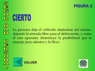 La persona deja el vehículo alejándose del mismo, dejando la entrada libre para el delincuente, y como él esta apurado; disminuye la posibilidad que lo empuje para adentro y lo lleve. FIGURA 2 VOLVER CIERTO 