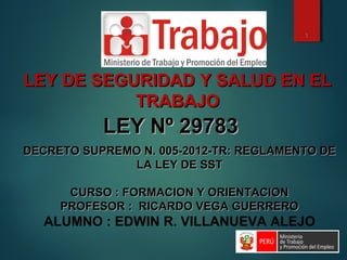 1
LEY DE SEGURIDAD Y SALUD EN ELLEY DE SEGURIDAD Y SALUD EN EL
TRABAJOTRABAJO
LEY Nº 29783LEY Nº 29783
DECRETO SUPREMO N. 005-2012-TR: REGLAMENTO DEDECRETO SUPREMO N. 005-2012-TR: REGLAMENTO DE
LA LEY DE SSTLA LEY DE SST
CURSO : FORMACION Y ORIENTACIONCURSO : FORMACION Y ORIENTACION
PROFESOR : RICARDO VEGA GUERREROPROFESOR : RICARDO VEGA GUERRERO
ALUMNO : EDWIN R. VILLANUEVA ALEJO
 