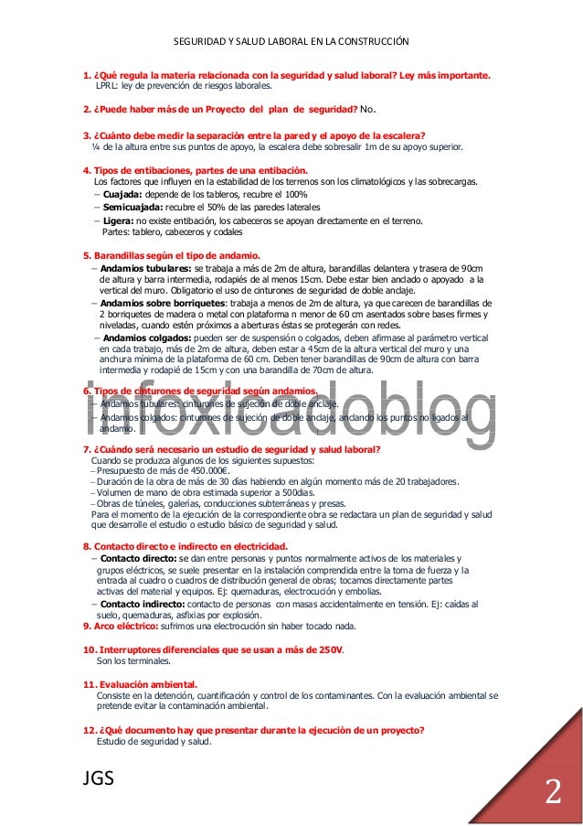 Seguridad y salud construccion 100 preguntas TEST