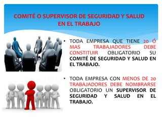 COMITÉ O SUPERVISOR DE SEGURIDAD Y SALUD
EN EL TRABAJO
• TODA EMPRESA QUE TIENE 20 Ó
MAS TRABAJADORES DEBE
CONSTITUIR OBLIGATORIO SU
COMITÉ DE SEGURIDAD Y SALUD EN
EL TRABAJO.
• TODA EMPRESA CON MENOS DE 20
TRABAJADORES DEBE NOMBRARSE
OBLIGATORIO UN SUPERVISOR DE
SEGURIDAD Y SALUD EN EL
TRABAJO.
 