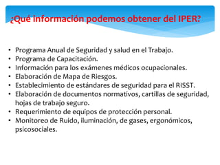 • Programa Anual de Seguridad y salud en el Trabajo.
• Programa de Capacitación.
• Información para los exámenes médicos ocupacionales.
• Elaboración de Mapa de Riesgos.
• Establecimiento de estándares de seguridad para el RISST.
• Elaboración de documentos normativos, cartillas de seguridad,
hojas de trabajo seguro.
• Requerimiento de equipos de protección personal.
• Monitoreo de Ruido, iluminación, de gases, ergonómicos,
psicosociales.
¿Qué información podemos obtener del IPER?
 