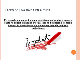 FASES DE UNA CAÍDA EN ALTURA
En caso de que no se disponga de sistema anticaídas, y como el
suelo no absorbe ninguna energía, toda la disipación de energía
se efectúa enteramente por el cuerpo y además de forma
instantánea.
 