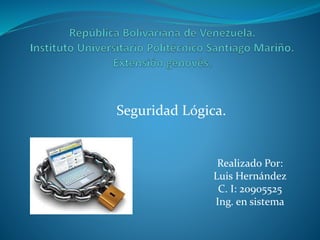 Seguridad Lógica.
Realizado Por:
Luis Hernández
C. I: 20905525
Ing. en sistema
 
