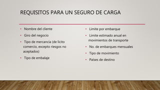 REQUISITOS PARA UN SEGURO DE CARGA
• Nombre del cliente
• Giro del negocio
• Tipo de mercancía (de lícito
comercio, excepto riesgos no
aceptados)
• Tipo de embalaje
• Limite por embarque
• Limite estimado anual en
movimientos de transporte
• No. de embarques mensuales
• Tipo de movimiento
• Países de destino
 