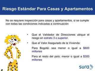 Riesgo Estándar Para Casas y Apartamentos Que el Validador de Direcciones ubique el riesgo en  estrato 3 o superior. Que el Valor Asegurado de la Vivienda: Para Bogotá: sea menor o igual a  $600 millones   Para el resto del país: menor o igual a  $300 millones No se requiere inspección para casas y apartamentos, si se cumple con todas las condiciones indicadas a continuación 