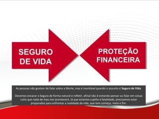 Importância
SEGURO
DE VIDA
PROTEÇÃO
FINANCEIRA
As pessoas não gostam de falar sobre a Morte, mas é inevitável quando o assunto é Seguro de Vida.
Devemos encarar o Seguro de forma natural e refletir, afinal não é evitando pensar ou falar em coisas
ruins que nada de mau nos acontecerá. Já que estamos sujeito à fatalidade, precisamos estar
preparados para enfrentar a realidade da vida, que tem começo, meio e fim.
 
