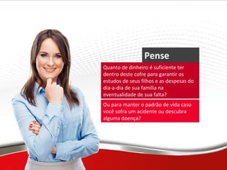 Dicas Importantes
Pense
Nisso:Quanto de dinheiro é suficiente ter
dentro deste cofre para garantir os
estudos de seus filhos e as despesas do
dia-a-dia de sua família na
eventualidade de sua falta?
Ou para manter o padrão de vida caso
você sofra um acidente ou descubra
alguma doença?
 