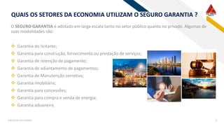 RF
QUAIS OS SETORES DA ECONOMIA UTILIZAM O SEGURO GARANTIA ?
O SEGURO GARANTIA é adotado em larga escala tanto no setor público quanto no privado. Algumas de
suas modalidades são:
❖ Garantia do licitante;
❖ Garantia para construção, fornecimento ou prestação de serviços;
❖ Garantia de retenção de pagamento;
❖ Garantia de adiantamento de pagamentos;
❖ Garantia de Manutenção corretiva;
❖ Garantia imobiliária;
❖ Garantia para concessões;
❖ Garantia para compra e venda de energia;
❖ Garantia aduaneira.
Adicionar um rodapé 5
 