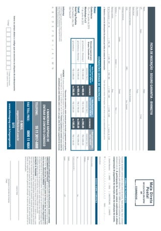 FICHA DE INSCRIÇÃO – SEGURO GARANTIA – BV0902710
Nome:                                                                                                                                     Cargo:                                                                                                                                                9912247475-DR/SPM
CPF:                                    Depto.:                                                                                                                                       E-mail:                                                                                                           IIR
Sup. Imediato:                                                                                                                            Cargo:
Razão Social:
Nome Fantasia da Empresa:                                                                                                                 Ramo de Atividade:
CCM:                                                                                               CNPJ:                                                     Insc. Estadual:
                                                                                                                                                                                                                                                                                       FORMAS DE PAGAMENTO
Endereço Comercial:
                                                                                                                                                                                                                                        Emissão de boleto restrita até 3 dias antes do evento. Após esta data, favor contatar
CEP:                                                   Cidade:                                                                            Estado:                                                                                       a Central de Atendimento pelo telefone 11 3017 6888 ou e-mail customer.service@
Telefone: ( )                                                                            Celular: ( )                                                                    Fax: ( )                                                       ibcbrasil.com.br. A participação do inscrito estará condicionada à efetiva
                                                                                                                                                                                                                                        comprovação de pagamento da inscrição antes da realização do evento.
Nome p/ contato:                                                                                                                          Área:
Nº de Funcionários: [ ] 01 - 99                          [ ] 100 - 199           [ ] 200 - 499              [ ] 500 - 999             [ ] 1.000 - 1.999              [ ] 2.000 - 4.999            [    ] acima de 5.000                 [ ] Boleto Bancário                 [ ] AMEX             [ ] VISA           [ ] MASTERCARD                    [ ] DINERS
✓ Autorizo o envio de informações da empresa por todos os canais de comunicação.                                             Caso não queira receber informações, favor enviar e-mail para cadastro@ibcbrasil.com.br                    Nº ❘ _ ❘ _ ❘ _ ❘ _ ❘ _ ❘ _ ❘ _ ❘ _ ❘ _ ❘ _ ❘ _ ❘ _ ❘ _ ❘ _ ❘ _ ❘ _ ❘                                  Valid.:............. / ...............
                                                                                                                                                                                                                                        Assinatura: ........................................................................................................................................
                                                                                   CONDIÇÕES GERAIS DE INSCRIÇÃO
                                                                                                                                                                                                                                                                                       DADOS SOBRE COBRANÇA
Datas:
                                                                                                   Valor Especial para                                      Valor Especial para                             Valor para inscrições       Nome do contato:
Conferência:                                                  Desconto especial para             inscrições até 16/04/10*                                 inscrições até 14/05/10*                             após 14/05/10*
                                                                                                                                     ECONOMIZE                                              ECONOMIZE
16 e 17 de Junho de 2010                                       Grupos. Consulte-nos!                                                                                                                                                    Cargo:
                                                                                                        Investimento Total (1)                               Investimento Total (1)                           Investimento Total (1)
Workshops 1 e 2:                                                                                                                                                                                                                        Endereço:
17 de Junho de 2010                                          ❑ Conferência + Workshop 2                  R$ 3.595,00                 R$ 400,00                 R$ 3.795,00                  R$ 200,00           R$ 3.995,00
Local:                                                       ❑ Conferência + Workshop 1                  R$ 3.595,00                 R$ 400,00                 R$ 3.795,00                  R$ 200,00           R$ 3.995,00             Tel.:                                                                              Fax:
Hotel Tryp Paulista
Rua Haddock Lobo, 294                                        ❑ Conferência                               R$ 2.995,00                 R$ 200,00                 R$ 3.095,00                  R$ 100,00           R$ 3.195,00             E-mail p/ envio de NF-e:
São Paulo/SP                                                                                                                                                                                                                            Cidade:
                                                                                                                                          *Desconto não cumulativo, válido somente para inscrição e pagamento antecipados.              Estado:                                                                            CEP:
                                                                                                         (1)
                                                                                                             ATENÇÃO: Os valores incluem os impostos que devem ser recolhidos pela fonte pagadora em conformidade com a legislação
O Informa Group plc está presente no Brasil e na America Latina                                                  vigente (Lei 116/2003, art. 5º da Lei 10.925/04 e art. 647 do RIR). Pedimos a gentileza de contatar nossa central de
pelas marcas IBC e IIR. Planejamento e Organização dos eventos                                                          atendimento para obter detalhes sobre o valor a ser pago, antes de efetuar o pagamento da inscrição.
no Brasil: IIR Informa Seminários Ltda.
A       B        C        D       E        F       G        H      I     J   K       L       M          N
                                                                                                                                                                                                                                        A inscrição será conﬁrmada após a Organizadora receber esta ﬁcha preenchida, assinada e carimbada.
                                                                                                                                                                      4 MANEIRAS RÁPIDAS DE                                             CANCELAMENTOS E SUBSTITUIÇÕES: Os cancelamentos podem ser feitos sem ônus ou encargos até 10 dias
                                                                                                                                                                                                                                        antes do evento. Após esta data, as substituições podem ser feitas sem ônus, mas os cancelamentos
                                                                                                                                                                   ENTRAR EM CONTATO CONOSCO                                            terão uma taxa administrativa de R$500,00. Em todos os casos, solicitamos informar a Organizadora sobre
                                                                                                                                                                                                                                        qualquer alteração até às 12h da véspera do evento. Os inscritos que não cancelarem sua participação segundo
                                                                                                                                                                                                                                        as condições acima descritas, e não comparecerem ao evento, serão cobrados no valor integral acordado. Todas
                                                                                                                                                                                                                                        as notiﬁcações devem ser feitas por escrito pelo fax, e-mail ou endereço indicados nesta ﬁcha.
                                                                                                                                                               TELEFONE:                              55 11 3017-6888                   ALTERAÇÃO DE PROGRAMA: O nosso compromisso é fornecer a discussão e o estudo de temas e casos
                                                                                                                                                                                                                                        relevantes por palestrantes habilitados. Eventuais alterações no programa serão decorrentes de caso fortuito ou
                                                                                                                                                                                                                                        força maior. Na eventualidade de algum palestrante não comparecer, envidaremos maiores esforços possíveis
                                                                                                                                                                                                                                        para substituir o executivo ausente por outro apto a promover a discussão do tema conforme programado.
                                                                                                                                                               FAX TOLL FREE:                             0800 11 4664                  Contudo, tal empenho não implica em garantia da substituição. Ao assinar este documento, concordo com os
                                                                                                                                                                                                                                        termos acima pactuados.
                                                                                                                                                                                                E-MAIL
                                                                                                                                                                               seguros@ibcbrasil.com.br                                                                                                 Local e Data
                Insira no campo abaixo o código que se encontra na etiqueta de endereçamento
                                                                                                                                                                                                 SITE
                       Código
                                                                                                              Código da etiqueta                                 www.informagroup.com.br/segurogarantia                                                                                 Assinatura e Carimbo da Empresa
                                                                                                              Lado superior direito
                                                                                                                                                                                                                                                                                        Cargo:
 