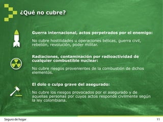 Prevención de riesgos
13Seguro de hogar
Si detecta olor a gas corte inmediatamente
el suministro y abra ventanas.
No deje medicamentos ni productos
cosméticos al alcance de los niños
Cuando salga de viaje asegure muy bien
su casa.
Los objetos de valor deben guardarse en
un lugar seguro.
No comente sus planes a desconocidos.
 
