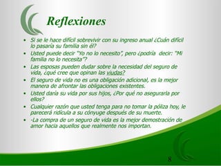Reflexiones
• Si se le hace difícil sobrevivir con su ingreso anual ¿Cuán difícil
  lo pasaría su familia sin él?
• Usted puede decir “Yo no lo necesito”, pero ¿podría decir: “Mi
  familia no lo necesita”?
• Las esposas pueden dudar sobre la necesidad del seguro de
  vida, ¿qué cree que opinan las viudas?
• El seguro de vida no es una obligación adicional, es la mejor
  manera de afrontar las obligaciones existentes.
• Usted daría su vida por sus hijos, ¿Por qué no asegurarla por
  ellos?
• Cualquier razón que usted tenga para no tomar la póliza hoy, le
  parecerá ridícula a su cónyuge después de su muerte.
• -La compra de un seguro de vida es la mejor demostración de
  amor hacia aquellos que realmente nos importan.




                                                             8
 