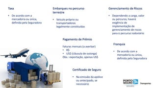 Certificado de Seguro
• Na emissão da apólice
ou antecipado, se
necessário
Pagamento de Prêmio
Faturas mensais (a averbar)
• R$
• US$ (cláusula de outorga)
Obs.: exportação, apenas US$
Franquia
• De acordo com a
mercadoria ou única,
definida pela Seguradora
Embarques no percurso
terrestre
• Veículo próprio ou
transportadoras
legalmente constituídas
Gerenciamento de Riscos
• Dependendo a carga, valor
ou percurso, haverá
exigência de
implementação de
gerenciamento de riscos
para o percurso rodoviário
Taxa
• De acordo com a
mercadoria ou única,
definida pela Seguradora
 