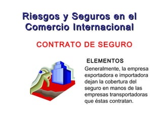 Riesgos y Seguros en el
Comercio Internacional
CONTRATO DE SEGURO
ELEMENTOS
Generalmente, la empresa
exportadora e importadora
dejan la cobertura del
seguro en manos de las
empresas transportadoras
que éstas contratan.

 