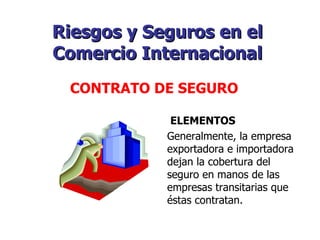 Riesgos y Seguros en el Comercio Internacional   ELEMENTOS Generalmente, la empresa exportadora e importadora dejan la cobertura del seguro en manos de las empresas transitarias que éstas contratan.   CONTRATO DE SEGURO   
