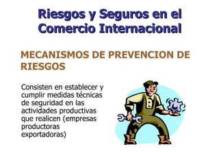 Riesgos y Seguros en el Comercio Internacional Consisten en establecer y cumplir medidas técnicas de seguridad en las actividades productivas que realicen (empresas productoras exportadoras) MECANISMOS DE PREVENCION DE RIESGOS  