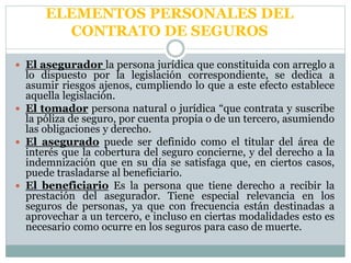 ELEMENTOS PERSONALES DEL
CONTRATO DE SEGUROS
 El asegurador la persona jurídica que constituida con arreglo a
lo dispuesto por la legislación correspondiente, se dedica a
asumir riesgos ajenos, cumpliendo lo que a este efecto establece
aquella legislación.
 El tomador persona natural o jurídica “que contrata y suscribe
la póliza de seguro, por cuenta propia o de un tercero, asumiendo
las obligaciones y derecho.
 El asegurado puede ser definido como el titular del área de
interés que la cobertura del seguro concierne, y del derecho a la
indemnización que en su día se satisfaga que, en ciertos casos,
puede trasladarse al beneficiario.
 El beneficiario Es la persona que tiene derecho a recibir la
prestación del asegurador. Tiene especial relevancia en los
seguros de personas, ya que con frecuencia están destinadas a
aprovechar a un tercero, e incluso en ciertas modalidades esto es
necesario como ocurre en los seguros para caso de muerte.
 