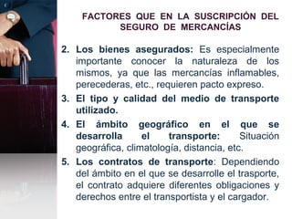 FACTORES QUE EN LA SUSCRIPCIÓN DEL
SEGURO DE MERCANCÍAS
2. Los bienes asegurados: Es especialmente
importante conocer la naturaleza de los
mismos, ya que las mercancías inflamables,
perecederas, etc., requieren pacto expreso.
3. El tipo y calidad del medio de transporte
utilizado.
4. El ámbito geográfico en el que se
desarrolla el transporte: Situación
geográfica, climatología, distancia, etc.
5. Los contratos de transporte: Dependiendo
del ámbito en el que se desarrolle el trasporte,
el contrato adquiere diferentes obligaciones y
derechos entre el transportista y el cargador.
 