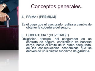 Conceptos generales.
4. PRIMA : (PREMIUM)
Es el pago que el asegurado realiza a cambio de
obtener la cobertura del seguro.
5. COBERTURA : (COVERAGE)
Obligación principal del asegurador en un
contrato de seguro, consistente en hacerse
cargo, hasta el límite de la suma asegurada,
de las consecuencias económicas que se
deriven de un siniestro.Sinónimo de garantía.
 