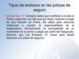 Tipos de endosos en las polizas de
seguro
• Endoso tipo "A" corregiría datos que modifican a la alza la
Prima o para dar una alta que por obvio, implican el pago
de una fracción de Prima. Se utiliza para adicionar
coberturas o ampliar la responsabilidad de la
Aseguradora. Normalmente va acompañado de un
incremento en la prima a pagar por parte del Asegurado.
Decimos que Los Endosos “A” sirven para añadir
derechos a la póliza de seguros”.
 