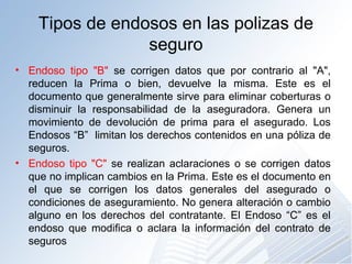 Tipos de endosos en las polizas de
seguro
• Endoso tipo "B" se corrigen datos que por contrario al "A",
reducen la Prima o bien, devuelve la misma. Este es el
documento que generalmente sirve para eliminar coberturas o
disminuir la responsabilidad de la aseguradora. Genera un
movimiento de devolución de prima para el asegurado. Los
Endosos “B” limitan los derechos contenidos en una póliza de
seguros.
• Endoso tipo "C" se realizan aclaraciones o se corrigen datos
que no implican cambios en la Prima. Este es el documento en
el que se corrigen los datos generales del asegurado o
condiciones de aseguramiento. No genera alteración o cambio
alguno en los derechos del contratante. El Endoso “C” es el
endoso que modifica o aclara la información del contrato de
seguros
 