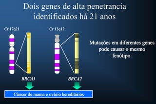 Dois genes de alta penetrancia
identificados há 21 anos
Mutações em diferentes genes
pode causar o mesmo
fenótipo.
Cr 17q21 Cr 13q12
BRCA1 BRCA2
Câncer de mama e ovário hereditários
 