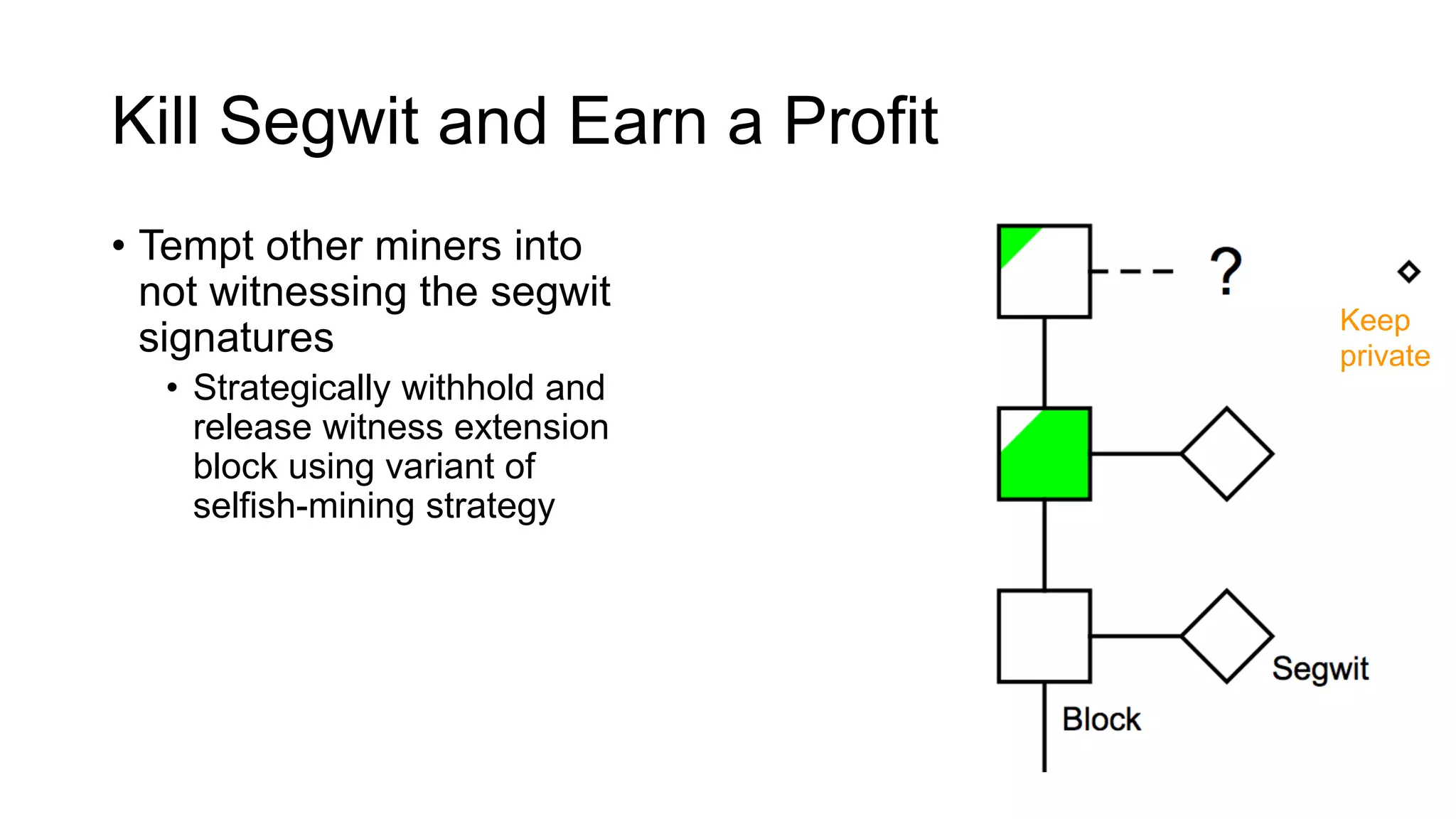 Kill Segwit and Earn a Profit
• Tempt other miners into
not witnessing the segwit
signatures
• Strategically withhold and
release witness extension
block using variant of
selfish-mining strategy
• γ is the fraction of miners
that mines on our block
when we have a block race
Keep
private
 