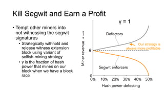 Kill Segwit and Earn a Profit
• Tempt other miners into
not witnessing the segwit
signatures
• Strategically withhold and
release witness extension
block using variant of
selfish-mining strategy
• γ is the fraction of hash
power that mines on our
block when we have a block
race
γ = 1
Our strategy is
always more profitable
 