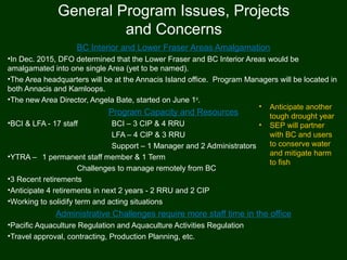 General Program Issues, Projects
and Concerns
BC Interior and Lower Fraser Areas Amalgamation
•In Dec. 2015, DFO determined that the Lower Fraser and BC Interior Areas would be
amalgamated into one single Area (yet to be named).
•The Area headquarters will be at the Annacis Island office. Program Managers will be located in
both Annacis and Kamloops.
•The new Area Director, Angela Bate, started on June 1st
.
Program Capacity and Resources
•BCI & LFA - 17 staff BCI – 3 CIP & 4 RRU
LFA – 4 CIP & 3 RRU
Support – 1 Manager and 2 Administrators
•YTRA – 1 permanent staff member & 1 Term
Challenges to manage remotely from BC
•3 Recent retirements
•Anticipate 4 retirements in next 2 years - 2 RRU and 2 CIP
•Working to solidify term and acting situations
Administrative Challenges require more staff time in the office
•Pacific Aquaculture Regulation and Aquaculture Activities Regulation
•Travel approval, contracting, Production Planning, etc.
• Anticipate another
tough drought year
• SEP will partner
with BC and users
to conserve water
and mitigate harm
to fish
 