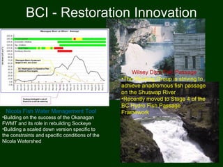 BCI - Restoration Innovation
Nicola Fish Water Management Tool
•Building on the success of the Okanagan
FWMT and its role in rebuilding Sockeye
•Building a scaled down version specific to
the constraints and specific conditions of the
Nicola Watershed
Wilsey Dam Fish Passage
•The Working Group is striving to
achieve anadromous fish passage
on the Shuswap River
•Recently moved to Stage 4 of the
BC Hydro Fish Passage
Framework
 