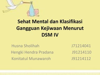 Sehat Mental dan Klasifikasi
Gangguan Kejiwaan Menurut
DSM IV
Husna Sholihah J71214041
Hengki Hendra Pradana J91214110
Konitatul Munawaroh J91214112
 