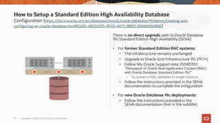 How to Setup a Standard Edition High Availability Database
Configuration (https://docs.oracle.com/en/database/oracle/oracle-database/19/admin/creating-and-
configuring-an-oracle-database.html#GUID-4B255433-4F5D-4A75-BB05-EBAB41361B5E)
There is no direct upgrade path to Oracle Database
19c Standard Edition High Availability (SEHA)
• For former Standard Edition RAC systems:
• The infrastructure remains unchanged
• Upgrade to Oracle Grid Infrastructure 19c (19.7+)
• Follow My Oracle Support note 2504078.1:
”Desupport of Oracle Real Application Clusters (RAC)
with Oracle Database Standard Edition 19c”
- To convert a RAC database to single instance
• Follow the instructions provided in the SEHA
documentation to complete the onfiguration
• For new Oracle Database 19c deployments:
• Follow the instructions provided in the
SEHA documentation (link in the subtitle)
23 Copyright © 2020, Oracle and/or its affiliates
Node1 Node2
 