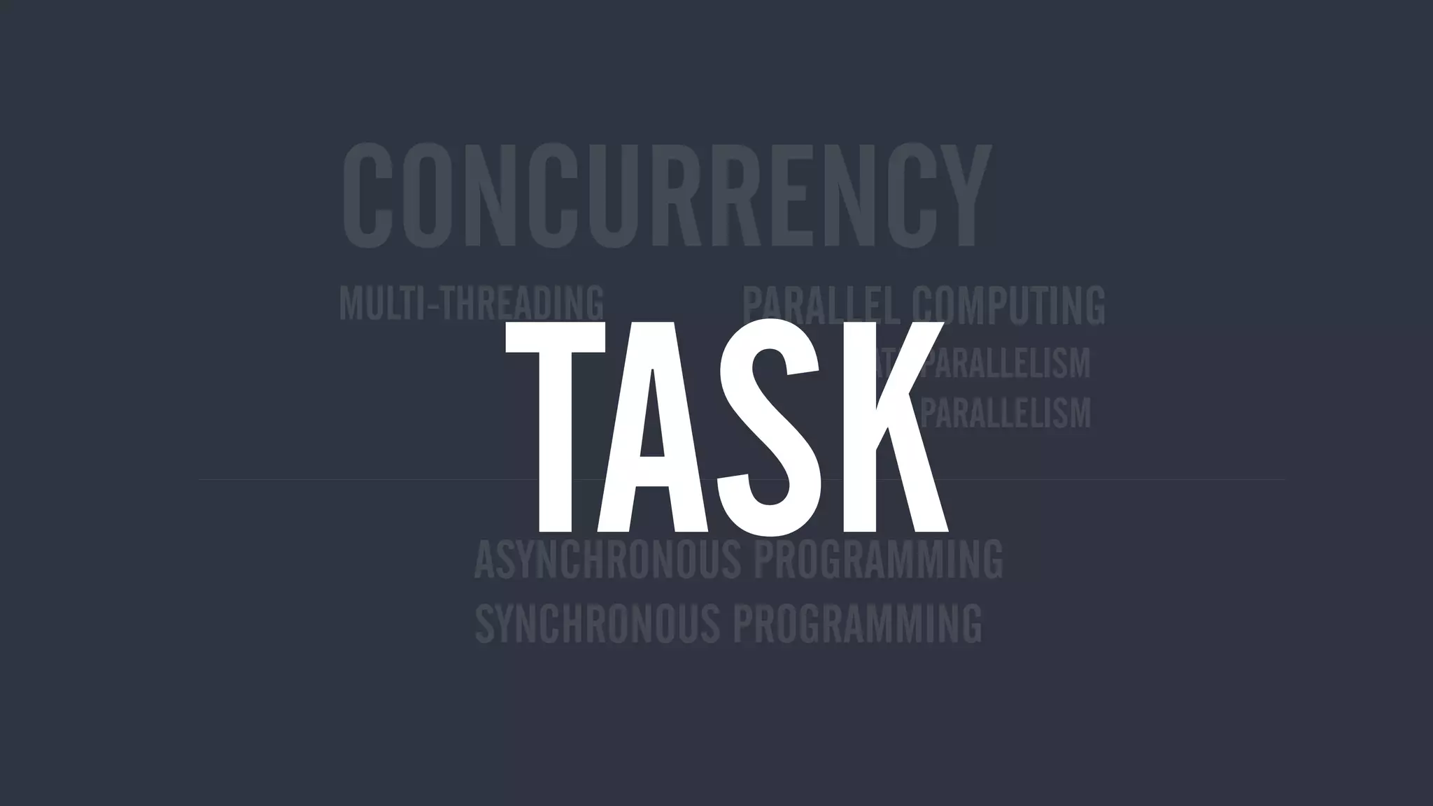 CONCURRENCY
PARALLEL COMPUTING
DATA PARALLELISM
TASK PARALLELISM
MULTI-THREADING
ASYNCHRONOUS PROGRAMMING
SYNCHRONOUS PROGRAMMING
TASK
 
