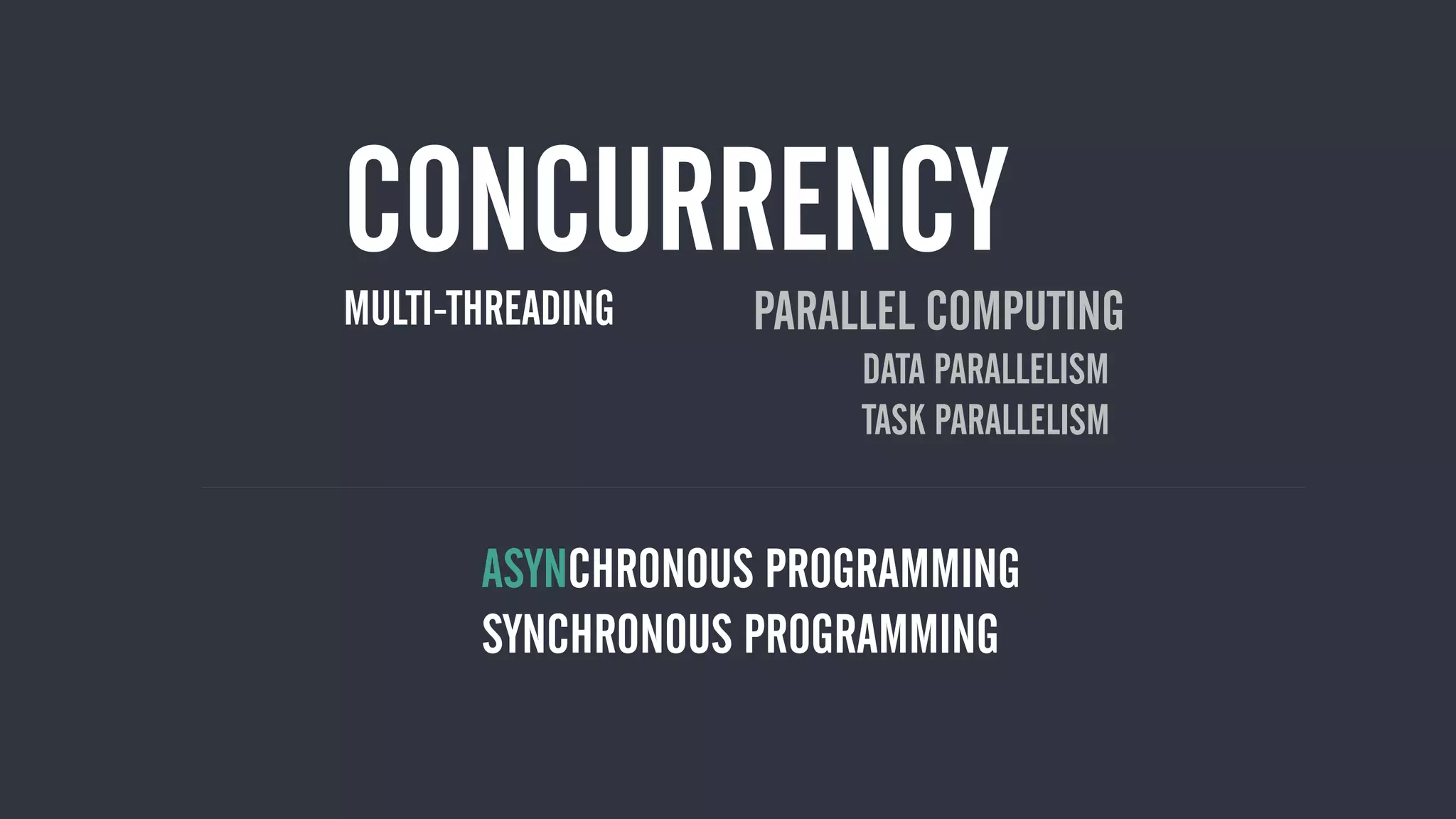 CONCURRENCY
PARALLEL COMPUTING
DATA PARALLELISM
TASK PARALLELISM
MULTI-THREADING
ASYNCHRONOUS PROGRAMMING
SYNCHRONOUS PROGRAMMING
 