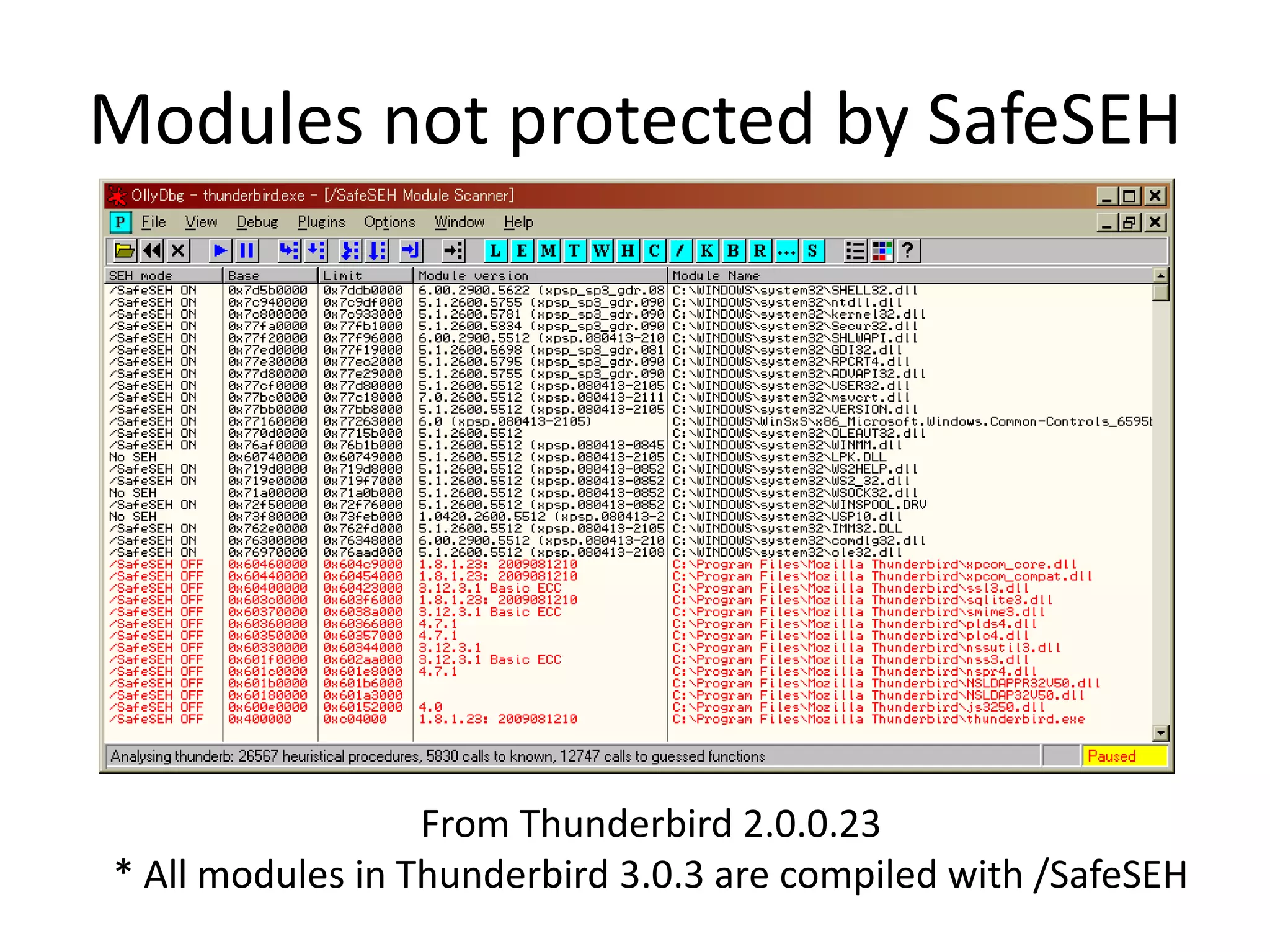 Modules not protected by SafeSEH
From Thunderbird 2.0.0.23
* All modules in Thunderbird 3.0.3 are compiled with /SafeSEH
 