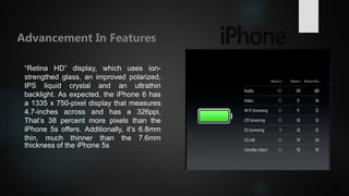 “Retina HD” display, which uses ion-
strengthed glass, an improved polarized,
IPS liquid crystal and an ultrathin
backlight. As expected, the iPhone 6 has
a 1335 x 750-pixel display that measures
4.7-inches across and has a 326ppi.
That’s 38 percent more pixels than the
iPhone 5s offers. Additionally, it’s 6.8mm
thin, much thinner than the 7.6mm
thickness of the iPhone 5s.
Advancement In Features
 
