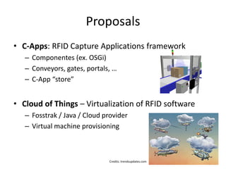 Proposals
• C-Apps: RFID Capture Applications framework
   – Componentes (ex. OSGi)
   – Conveyors, gates, portals, …
   – C-App “store”


• Cloud of Things – Virtualization of RFID software
   – Fosstrak / Java / Cloud provider
   – Virtual machine provisioning



                              Credits: trendsupdates.com
 