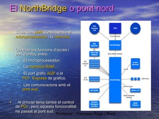 El NorthBridge o pont nord
• S'usa com pont d'enllaç entre el

microprocessador i la memòria .

• Controla les funcions d’accés i
port d’enllaç entre:
–
–

La memòria RAM ,

–

El port gràfic AGP o el
PCI Express de gràfics.

–

•

El microprocessador,

Les comunicacions amb el
pont sud .

Al principi tenia també el control
de PCI , però aquesta funcionalitat
ha passat al pont sud.
Professor : Francesc Raga i Roca

 