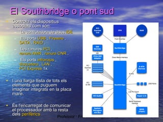El Southbridge o pont sud
• Controla els dispositius
associats com són:
–

La controladora de discs IDE

–

Els ports USB , Firewire ,
SATA , RAID ,

–

Les ranures PCI ,
ranura AMR , ranura CNR ,

–

Els ports infrarojos ,
disquetera , LAN ,
PCI Express 1x

• I una llarga llista de tots els

elements que puguem
imaginar integrats en la placa
mare.

• És l'encarregat de comunicar

el processador amb la resta
dels perifèrics
Professor : Francesc Raga i Roca

 