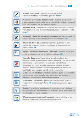 Sistema Eletrônico de Informações – Manual do Usuário 27
“Assinar Documento”: permite ao usuário assinar
eletronicamente os documentos gerados no .
“Gerenciar Credenciais de Assinatura”: permite que o usuário
logado conceda credencial a outro usuário (de qualquer unidade)
para assinatura de um documento sigiloso.
“Imprimir WEB”: Permite que o usuário imprima um documento.
Visível somente para documentos produzidos no editor de texto
do .
“Gerenciar Liberações para Assinatura Externa”: permite que um
usuário externo assine um documento produzido no .
“Incluir em Bloco de Assinatura”: permite que mais de um
usuário, de qualquer unidade, possa assinar um documento
produzido no .
“Enviar Documento por Correio Eletrônico”: permite ao usuário
enviar um documento por e-mail por meio do .
“Cancelar Documento”: permite o cancelamento de um
documento que seja desnecessário ao processo. Essa opção deve
ser utilizada se o documento já tiver sido tramitado ou
visualizado por outra unidade, caso contrário usar a opção
“Excluir”. O cancelamento do documento sempre deverá ser
justificado, pois equivale a um Desentranhamento.
“Adicionar aos Modelos Favoritos”: permite que o usuário defina
o documento como modelo, para aproveitar seu formato e
conteúdo na confecção de novos documentos.
“Versões do Documento”: permite ao usuário saber quantas
vezes um documento gerado no foi editado, quando e por
quem.
“Excluir”: permite ao usuário excluir um documento criado na
unidade que seja desnecessário ao processo, antes do trâmite ou
visualização por outra unidade.
“Mover documento para outro processo”: permite mover um
documento externo de um processo para outro.
 