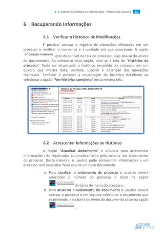 Sistema Eletrônico de Informações – Manual do Usuário 62
6 Recuperando Informações
6.1 Verificar o Histórico de Modificações
É possível acessar o registro de alterações efetuadas em um
processo e verificar o momento e a unidade em que ocorreram. A opção
está disponível na tela do processo, logo abaixo da árvore
de documentos. Ao selecionar esta opção, abre-se a tela de “Histórico do
processo”. Pode ser visualizado o histórico resumido do processo, em um
quadro que mostra data, unidade, usuário e descrição das operações
realizadas. Também é possível a visualização do histórico detalhado ao
selecionar a opção “Ver histórico completo” nesta mesma tela.
6.2 Acrescentar Informações ao Histórico
A opção “Atualizar Andamento” é utilizada para acrescentar
informações não registradas automaticamente pelo sistema nos andamentos
do processo. Desta maneira, o usuário pode acrescentar informações a um
processo sem necessitar fazer uso de um novo documento.
a. Para atualizar o andamento do processo o usuário deverá
selecionar o número do processo e clicar na opção
da barra de menu do processo;
b. Para atualizar o andamento do documento o usuário deverá
acessar o processo e em seguida selecionar o documento que
se pretende, e na barra de menu do documento clicar na opção
.
 