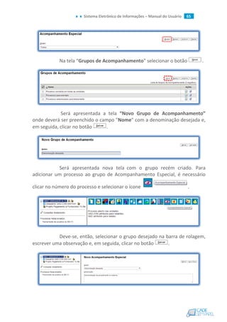 Sistema Eletrônico de Informações – Manual do Usuário 65
Na tela “Grupos de Acompanhamento” selecionar o botão .
Será apresentada a tela “Novo Grupo de Acompanhamento”
onde deverá ser preenchido o campo "Nome" com a denominação desejada e,
em seguida, clicar no botão .
Será apresentada nova tela com o grupo recém criado. Para
adicionar um processo ao grupo de Acompanhamento Especial, é necessário
clicar no número do processo e selecionar o ícone .
Deve-se, então, selecionar o grupo desejado na barra de rolagem,
escrever uma observação e, em seguida, clicar no botão .
 
