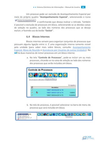 Sistema Eletrônico de Informações – Manual do Usuário 66
Um processo pode ser excluído do Acompanhamento Especial por
meio do próprio quadro "Acompanhamento Especial", selecionando o ícone
e confirmando que deseja realizar a retirada. Também
é possível a exclusão de processos em bloco, selecionando-se as devidas caixas
de seleção no quadro, ao lado dos números dos processos que se deseja
excluir, e fazendo uso do botão “Excluir”.
6.4 Blocos Internos
Blocos internos servem para organizar conjuntos de processos que
possuam alguma ligação entre si. É uma organização interna somente visível
pela unidade (para saber mais sobre blocos, consulte: Acompanhamento
Especial, Bloco de Reunião e Assinaturas por Usuários de outras Unidades). No
há duas maneiras de incluir processos em um bloco interno:
a. Na tela “Controle de Processos”, pode-se incluir um ou mais
processos, clicando-se na caixa de seleção ao lado dos números
dos processos que serão incluídos em bloco.
b. Na tela do processo, é possível selecionar na barra de menu do
processo que será incluído em bloco.
 