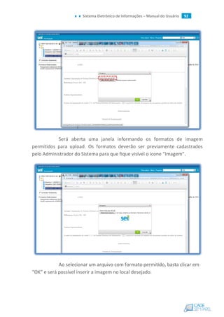 Sistema Eletrônico de Informações – Manual do Usuário 92
Será aberta uma janela informando os formatos de imagem
permitidos para upload. Os formatos deverão ser previamente cadastrados
pelo Administrador do Sistema para que fique visível o ícone “Imagem”.
Ao selecionar um arquivo com formato permitido, basta clicar em
“OK” e será possível inserir a imagem no local desejado.
 