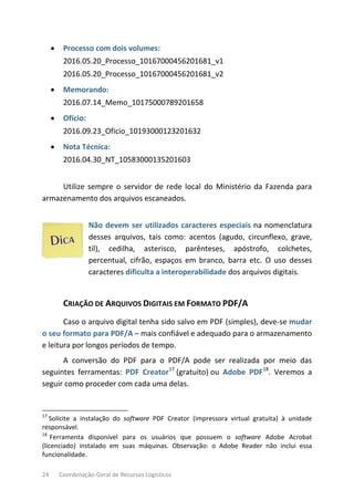 24 Coordenação-Geral de Recursos Logísticos
• Processo com dois volumes:
2016.05.20_Processo_10167000456201681_v1
2016.05.20_Processo_10167000456201681_v2
• Memorando:
2016.07.14_Memo_10175000789201658
• Ofício:
2016.09.23_Oficio_10193000123201632
• Nota Técnica:
2016.04.30_NT_10583000135201603
Utilize sempre o servidor de rede local do Ministério da Fazenda para
armazenamento dos arquivos escaneados.
Não devem ser utilizados caracteres especiais na nomenclatura
desses arquivos, tais como: acentos (agudo, circunflexo, grave,
til), cedilha, asterisco, parênteses, apóstrofo, colchetes,
percentual, cifrão, espaços em branco, barra etc. O uso desses
caracteres dificulta a interoperabilidade dos arquivos digitais.
CRIAÇÃO DE ARQUIVOS DIGITAIS EM FORMATO PDF/A
Caso o arquivo digital tenha sido salvo em PDF (simples), deve-se mudar
o seu formato para PDF/A – mais confiável e adequado para o armazenamento
e leitura por longos períodos de tempo.
A conversão do PDF para o PDF/A pode ser realizada por meio das
seguintes ferramentas: PDF Creator17
(gratuito) ou Adobe PDF18
. Veremos a
seguir como proceder com cada uma delas.
17
Solicite a instalação do software PDF Creator (impressora virtual gratuita) à unidade
responsável.
18
Ferramenta disponível para os usuários que possuem o software Adobe Acrobat
(licenciado) instalado em suas máquinas. Observação: o Adobe Reader não inclui essa
funcionalidade.
 