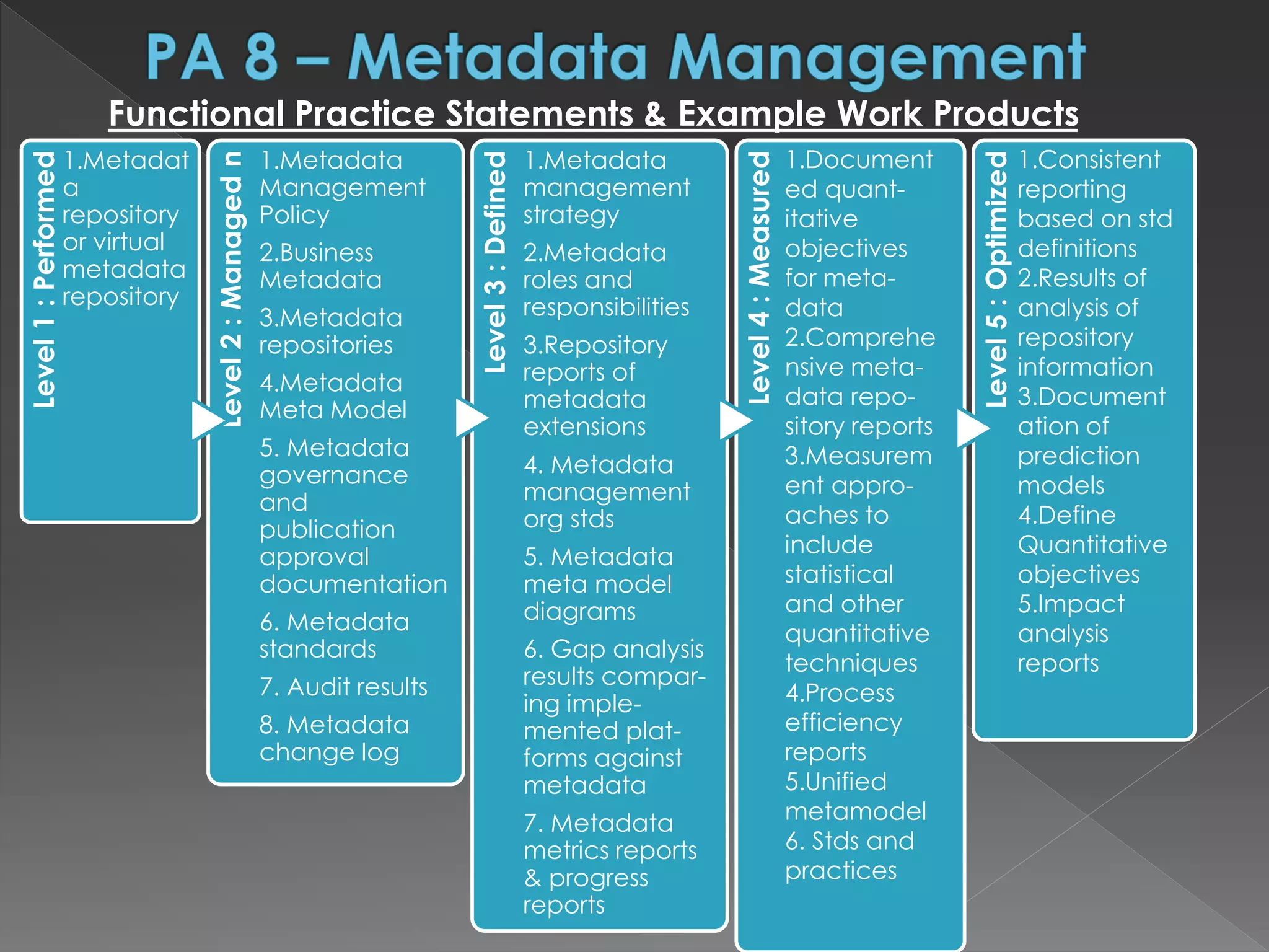 Level1:Performed
1.Metadat
a
repository
or virtual
metadata
repository
Level2:Managedn
1.Metadata
Management
Policy
2.Business
Metadata
3.Metadata
repositories
4.Metadata
Meta Model
5. Metadata
governance
and
publication
approval
documentation
6. Metadata
standards
7. Audit results
8. Metadata
change log
Level3:Defined
1.Metadata
management
strategy
2.Metadata
roles and
responsibilities
3.Repository
reports of
metadata
extensions
4. Metadata
management
org stds
5. Metadata
meta model
diagrams
6. Gap analysis
results compar-
ing imple-
mented plat-
forms against
metadata
7. Metadata
metrics reports
& progress
reports
Level4:Measured
Level5:Optimized
Functional Practice Statements & Example Work Products
1.Document
ed quant-
itative
objectives
for meta-
data
2.Comprehe
nsive meta-
data repo-
sitory reports
3.Measurem
ent appro-
aches to
include
statistical
and other
quantitative
techniques
4.Process
efficiency
reports
5.Unified
metamodel
6. Stds and
practices
1.Consistent
reporting
based on std
definitions
2.Results of
analysis of
repository
information
3.Document
ation of
prediction
models
4.Define
Quantitative
objectives
5.Impact
analysis
reports
 