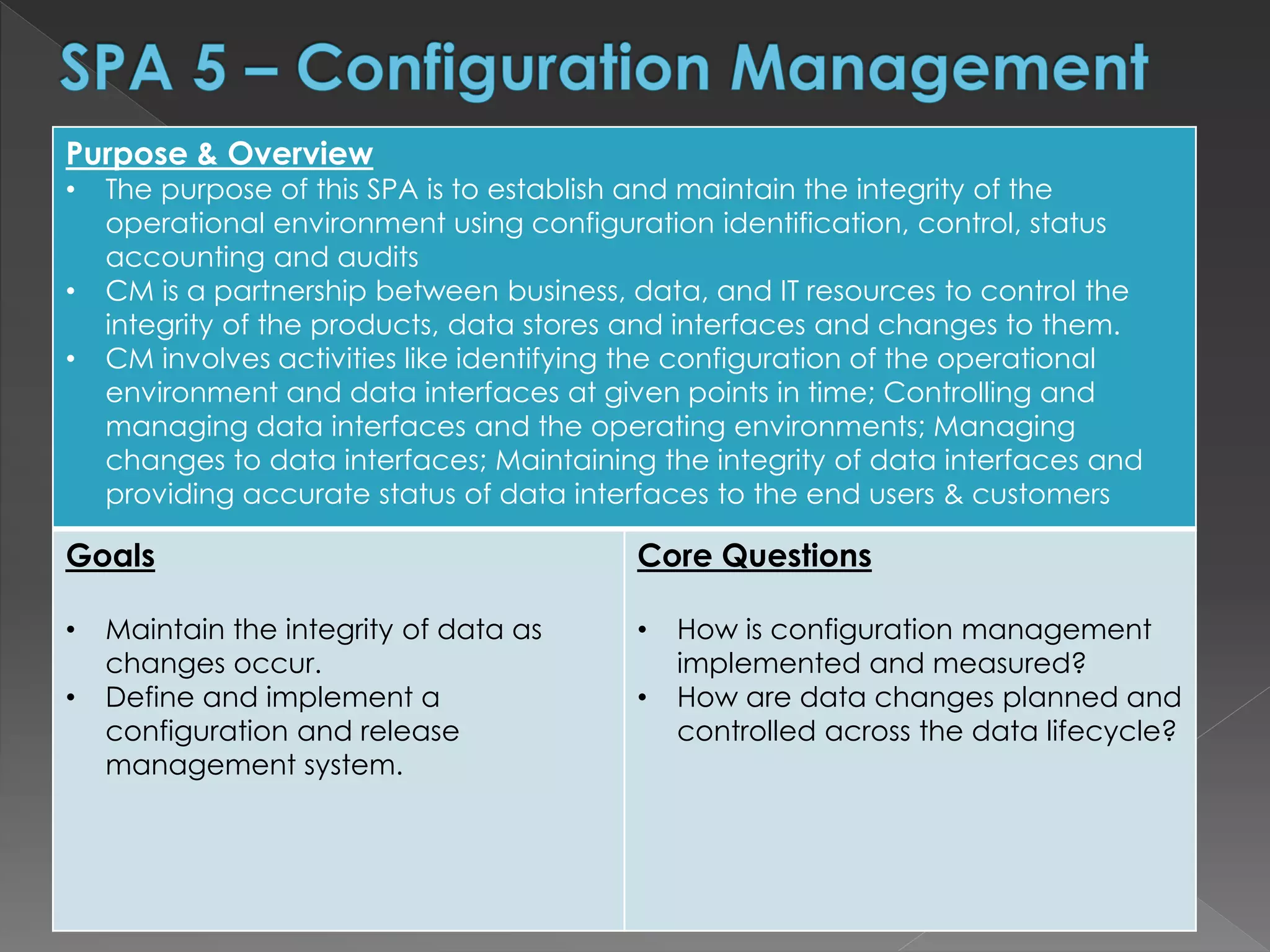 Purpose & Overview
• The purpose of this SPA is to establish and maintain the integrity of the
operational environment using configuration identification, control, status
accounting and audits
• CM is a partnership between business, data, and IT resources to control the
integrity of the products, data stores and interfaces and changes to them.
• CM involves activities like identifying the configuration of the operational
environment and data interfaces at given points in time; Controlling and
managing data interfaces and the operating environments; Managing
changes to data interfaces; Maintaining the integrity of data interfaces and
providing accurate status of data interfaces to the end users & customers
Goals
• Maintain the integrity of data as
changes occur.
• Define and implement a
configuration and release
management system.
Core Questions
• How is configuration management
implemented and measured?
• How are data changes planned and
controlled across the data lifecycle?
 